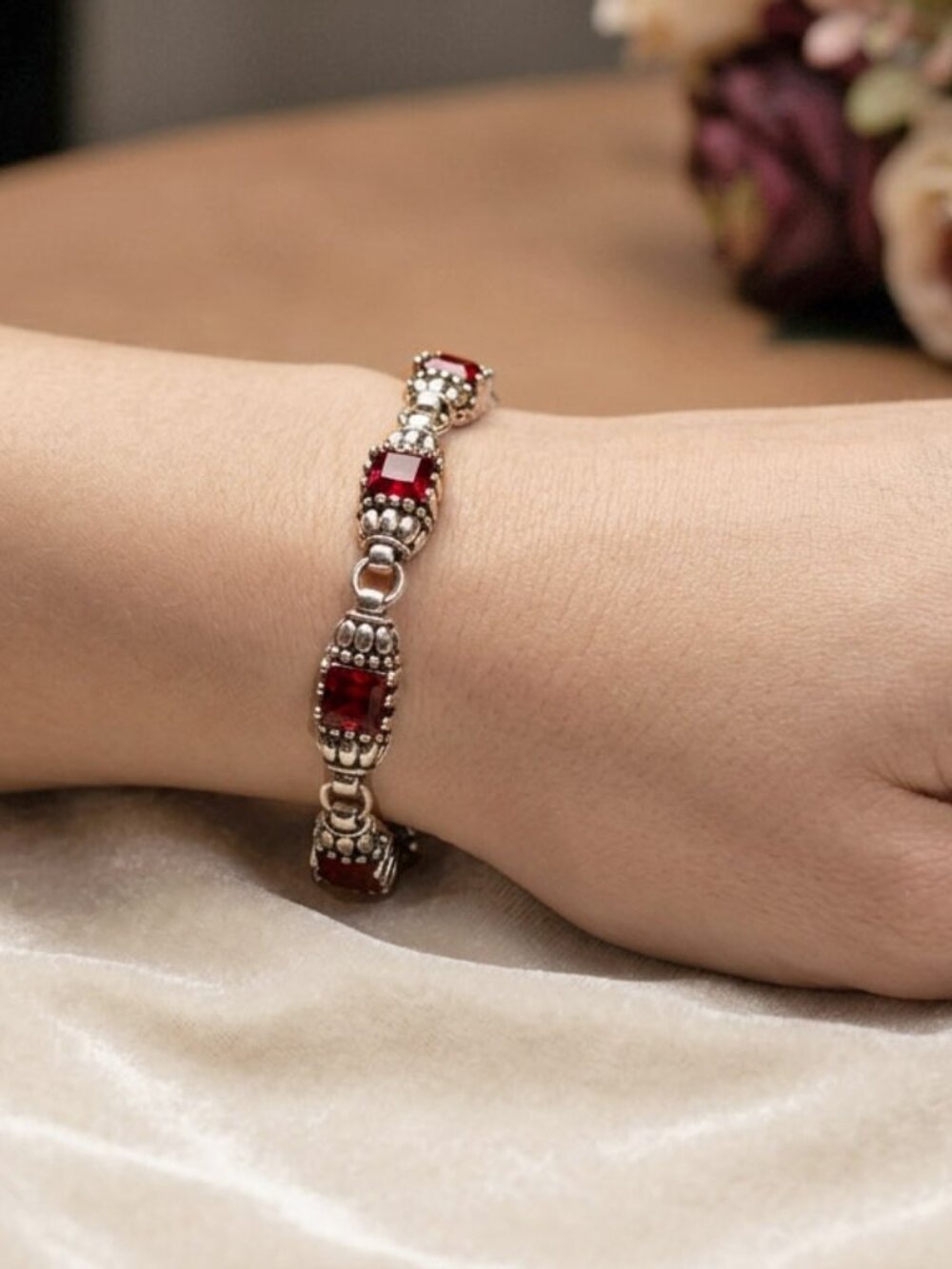 Vintage Red Crystal and Beaded Antique Silver Tone Link Bracelet
